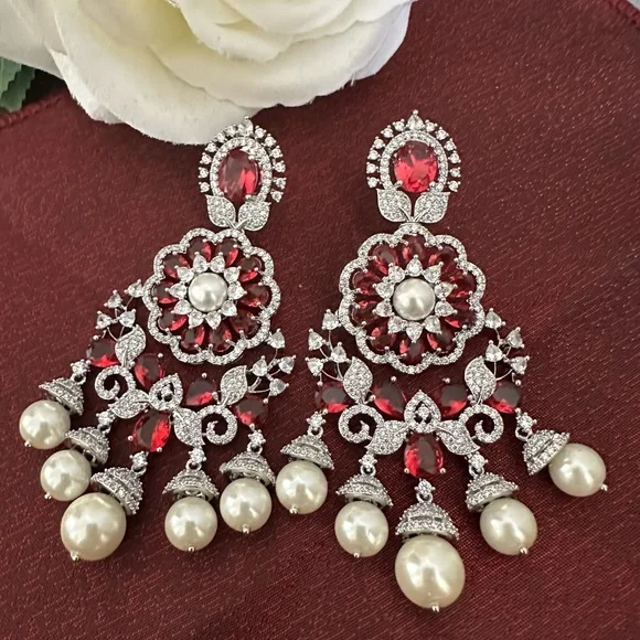 Elegant Red and Silver Chandelier Earrings - Picture 1 of 2